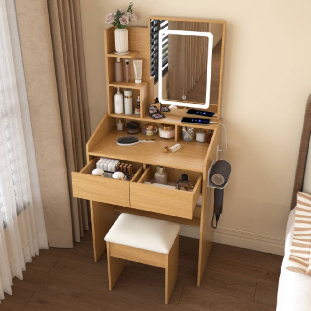 Alt View 4. LUCKY ONE - Compact Vanity Table with LED Mirror, Power Outlet, Hairdryer Holder, Drawers and Stool for Small Bedroom - Wood.