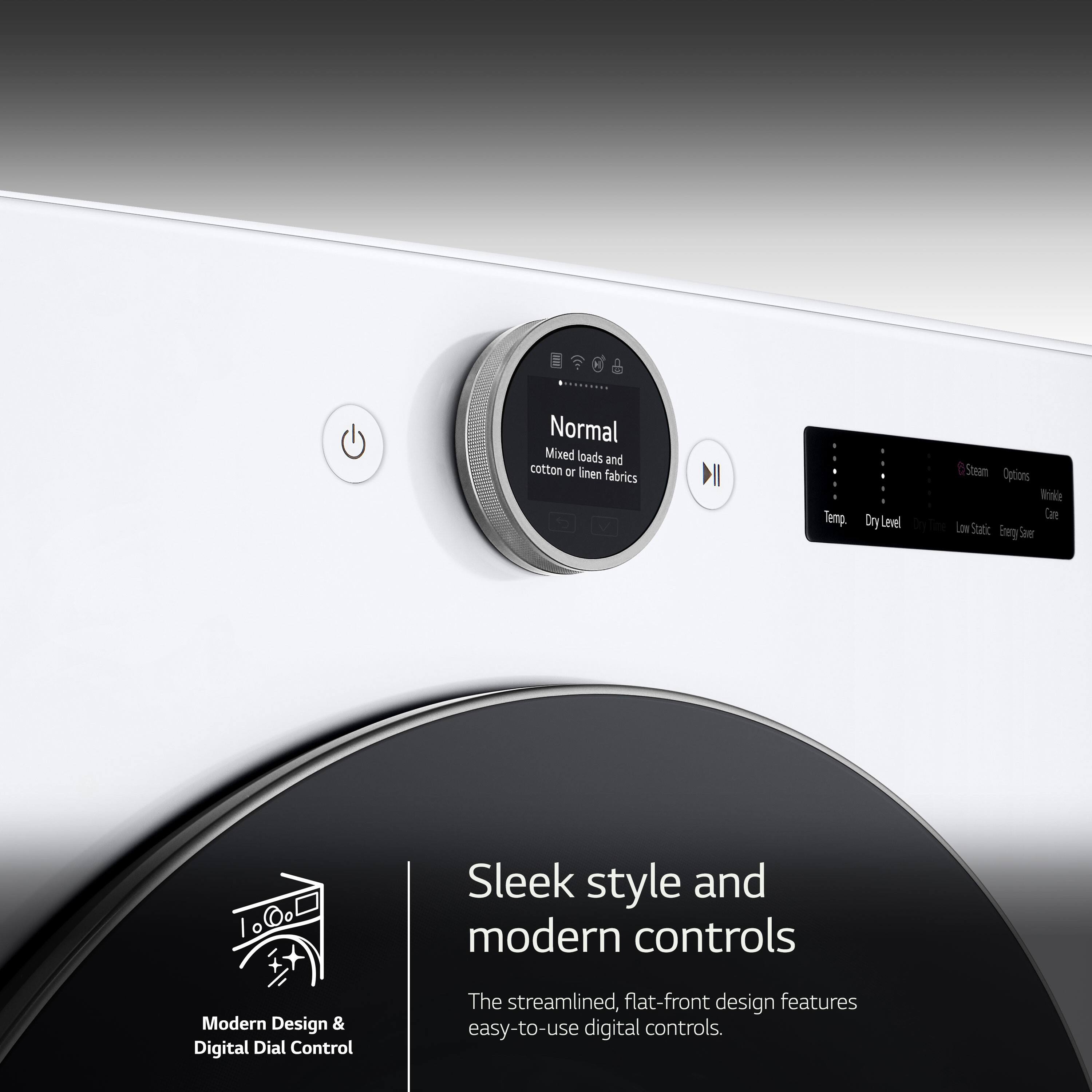 The image features a modern, sleek design with a flat-front and digital dial controls. The appliance is designed for easy use and has a streamlined appearance. The controls are located on the front of the appliance, making them easily accessible. The appliance is suitable for mixed loads and cotton or linen fabrics, and it offers various options for temperature and drying levels.