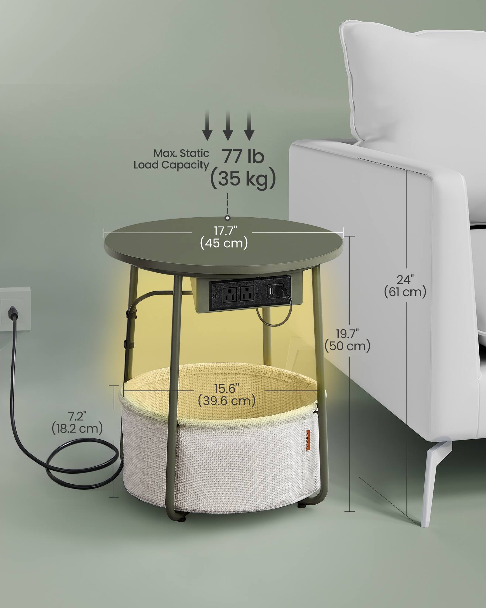 Max. Static Load Capacity: 77 lb (35 kg)  
17.7" (45 cm)  
24" (61 cm)  
19.7" (50 cm)  
7.2" (18.2 cm)  
15.6" (39.6 cm)