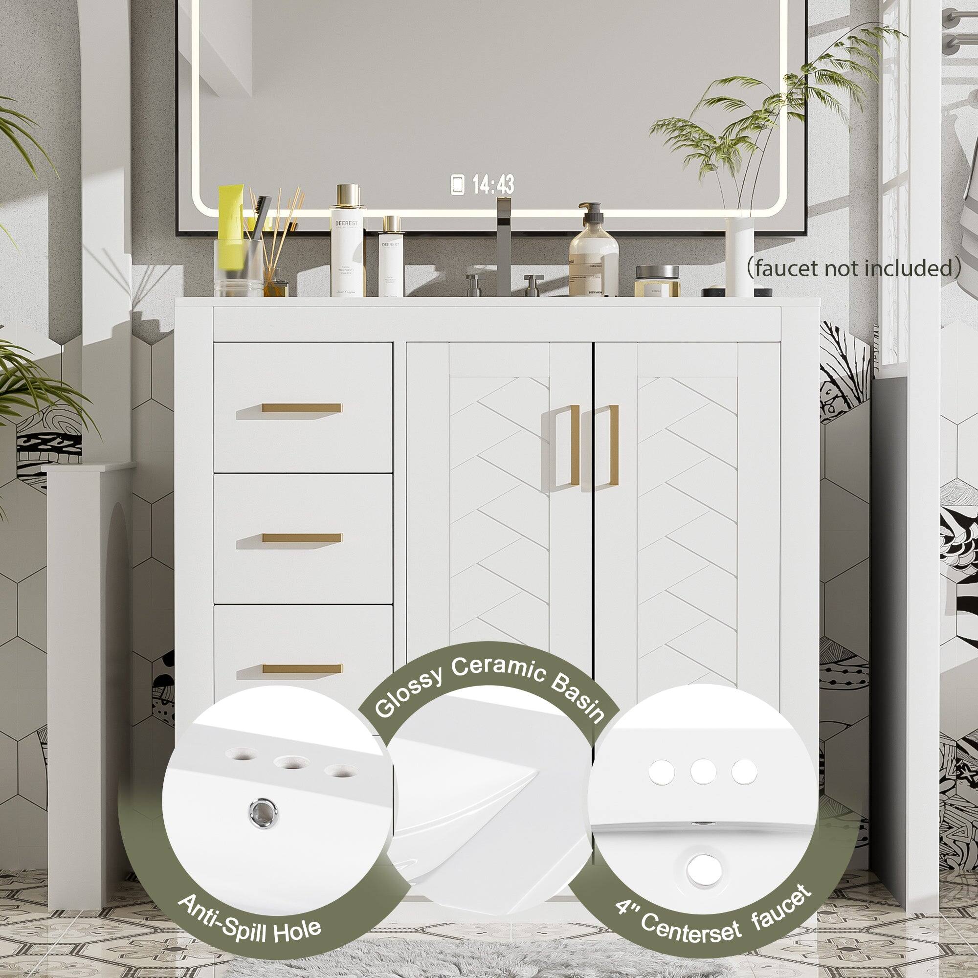 14:43 NU (faucet not included)  
Ceramic Glossy Basin  
Anti-Spill Hole  
4" Centerset faucet