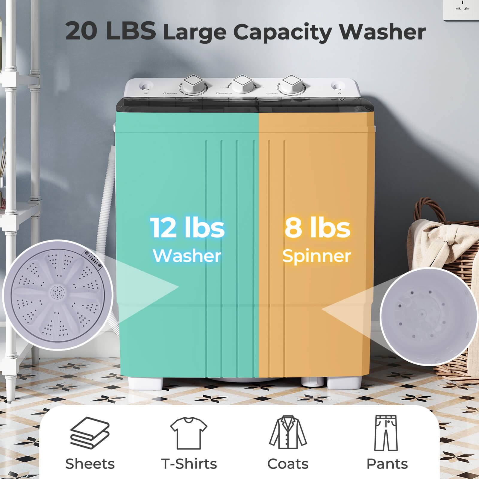 20 LBS Large Capacity Washer

12 lbs Washer

8 lbs Spinner

Sheets

T-Shirts

Coats

Pants