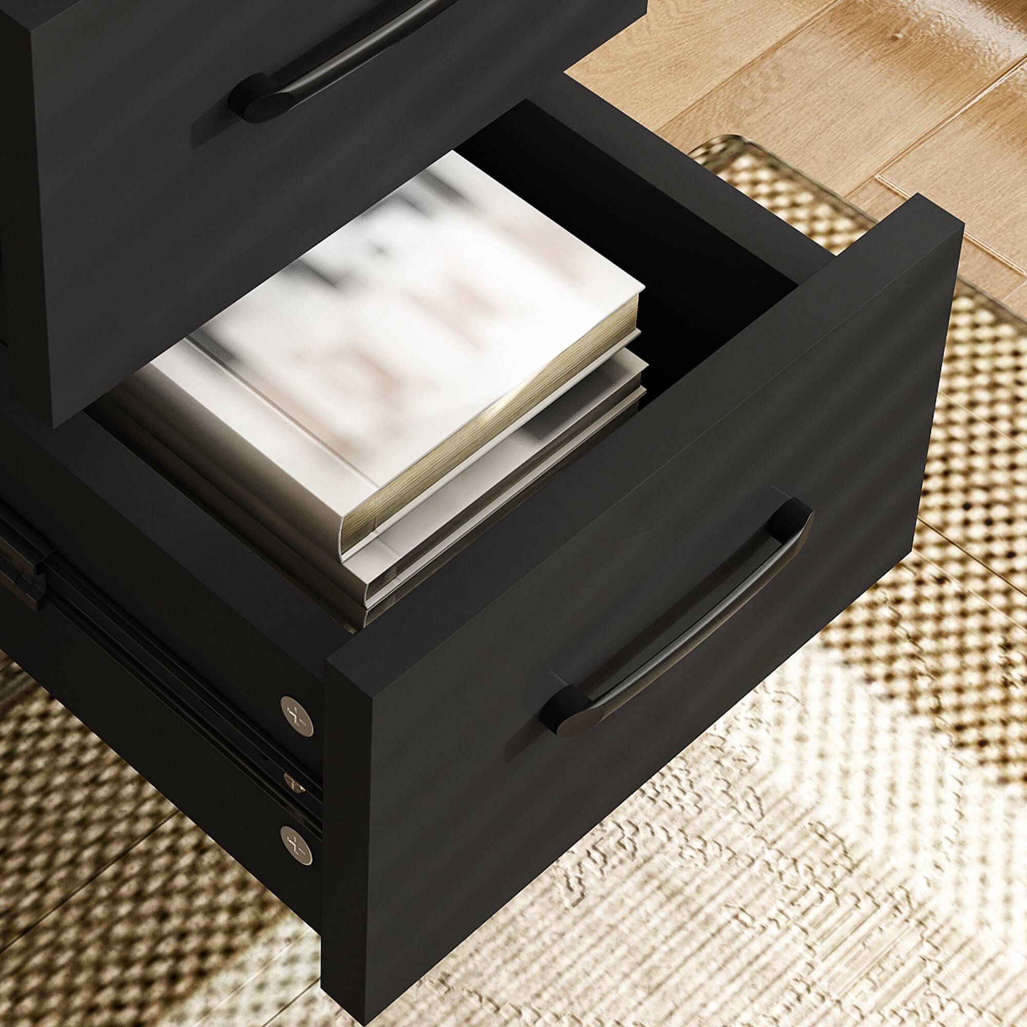 Alt View 7. Meqiodas - Computer Desk with 4-in-1 Socket, the Desk with 3 Slide Drawers and 4 Storage Levels, Wooden Desk for Home Office Desk - Black.