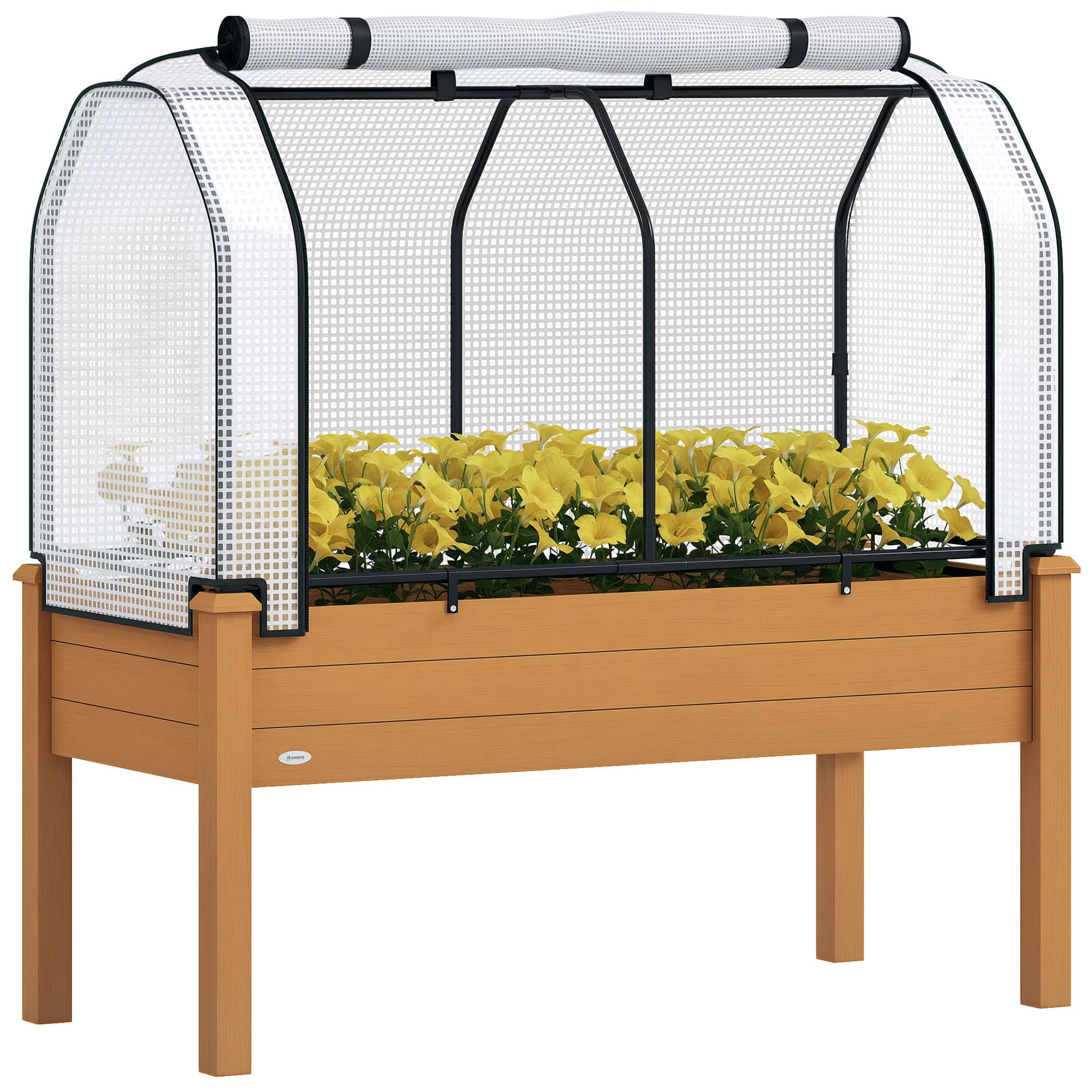 Outsunny - Raised Garden Bed with PE Greenhouse Cover Outdoor Elevated Wood Planter Box for Herbs and Vegetables
