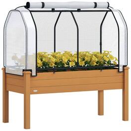 Outsunny - Raised Garden Bed with PE Greenhouse Cover Outdoor Elevated Wood Planter Box for Herbs and Vegetables