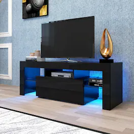 Spaco - TV Stand for 55" TVs, Modern Console with Drop Down Door, Glass Shelf, High Gloss UV Finish for Living Room - Black