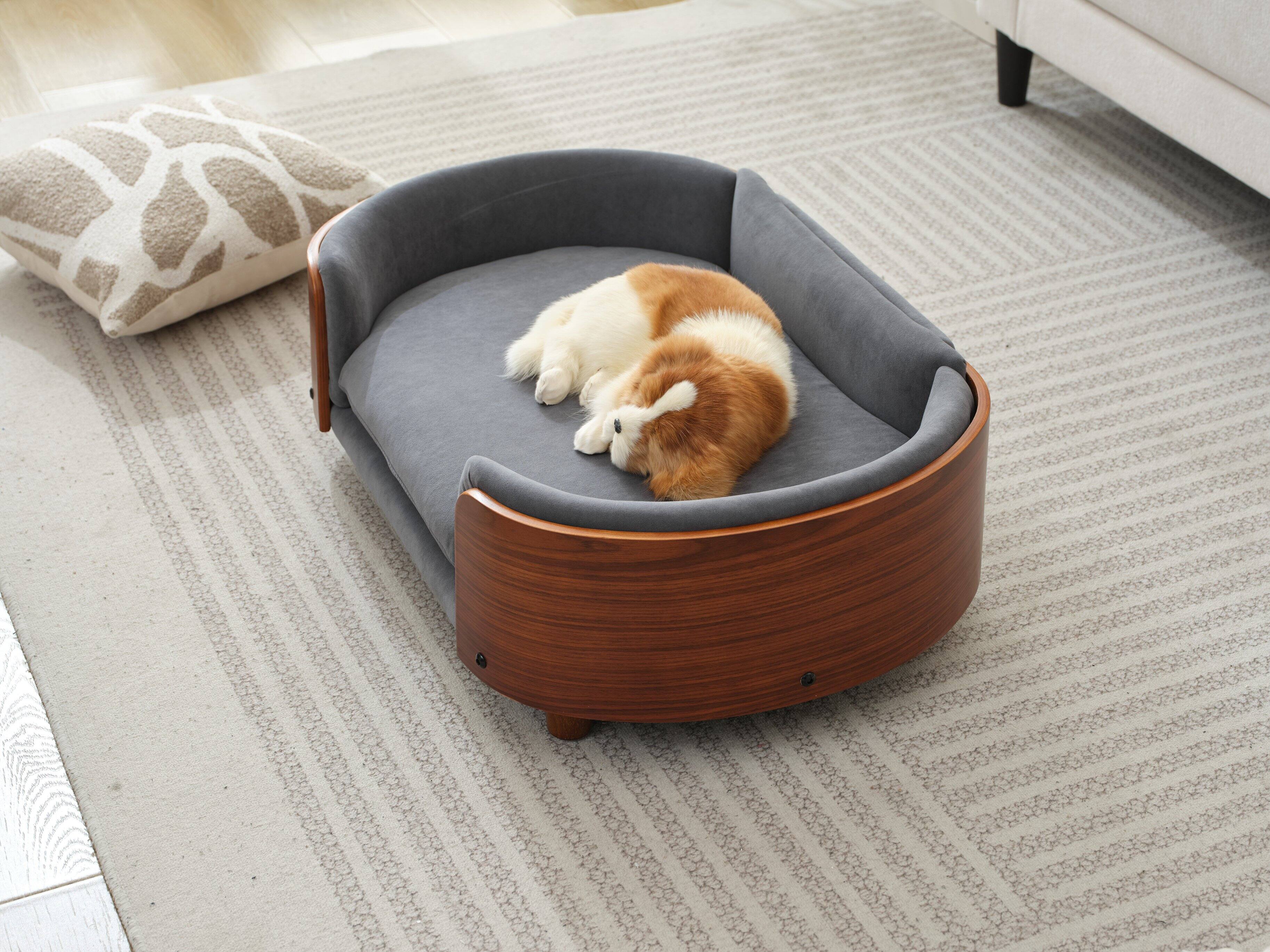 Back. APRILSOUL - Scandinavian style Elevated Dog Bed Pet Sofa With Solid Wood legs and Walnut Bent Wood Back  Dark Grey Velvet Mid Size - DARK GREY.