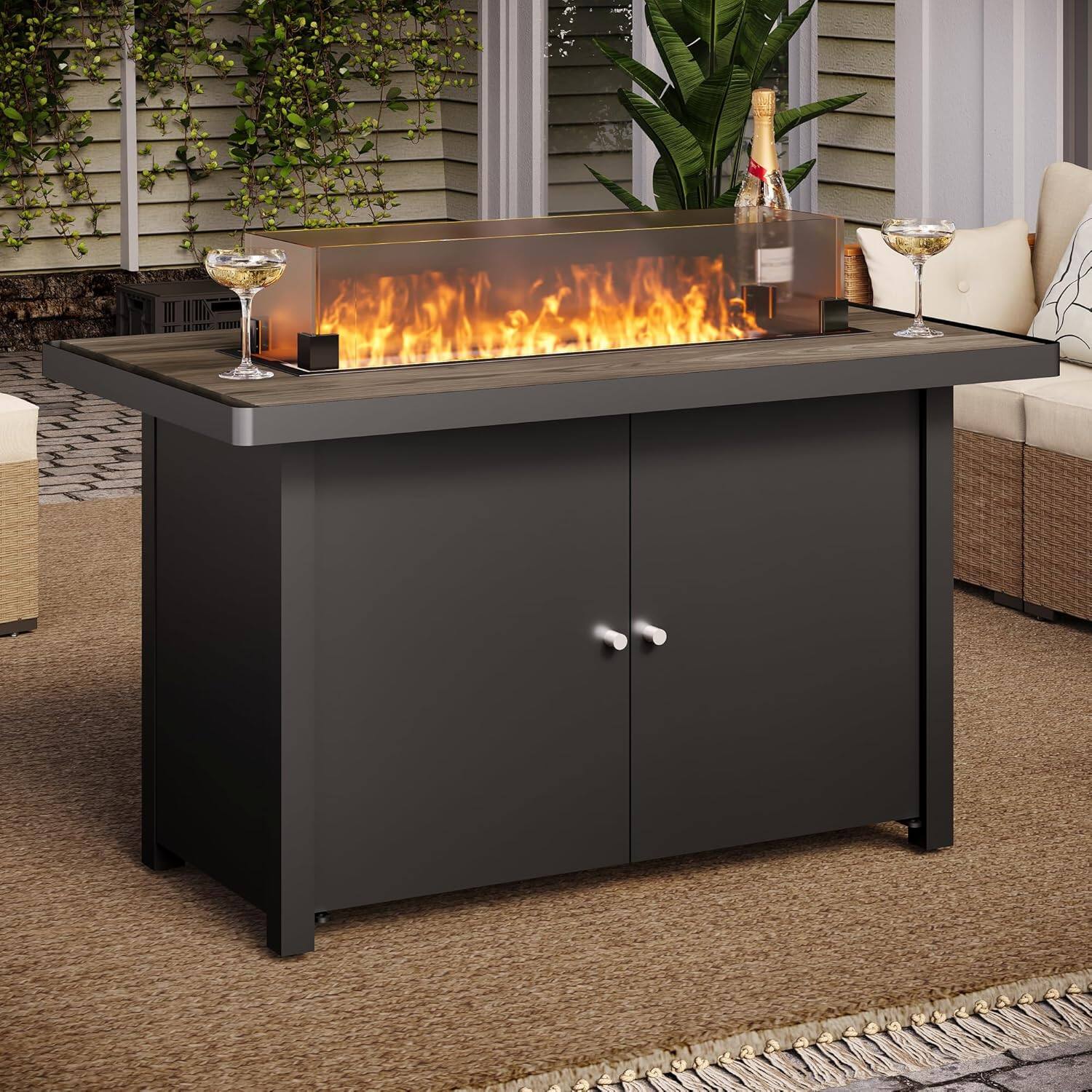 Left. Decksplore - Propane Fire Pit Table 43 Inch with Lid, 55,000 BTU Gas Fire Pits.