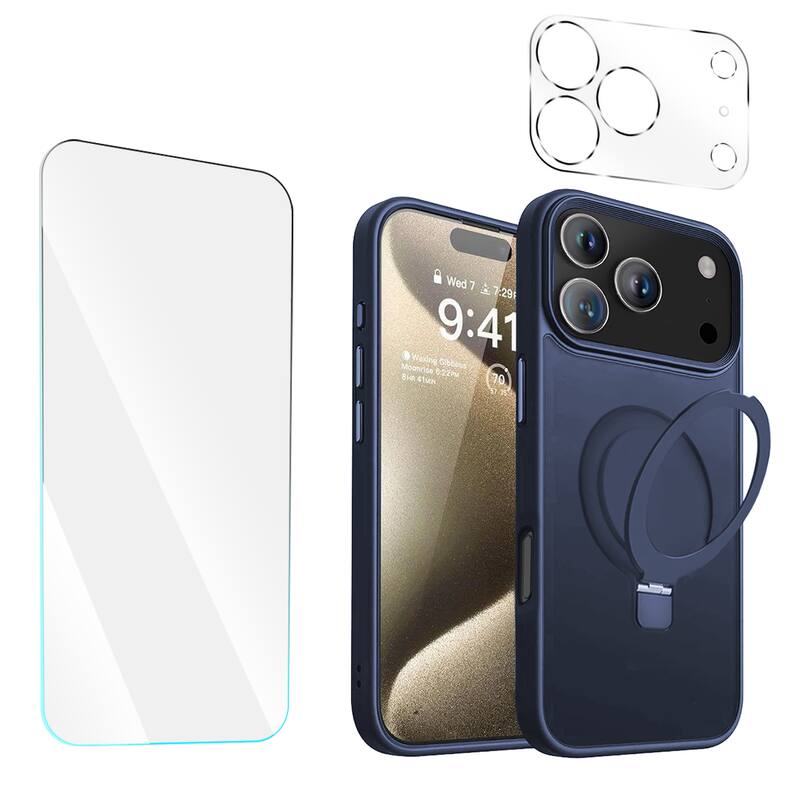 Entronix - iPhone 17 Pro Bundle - Magnetic Matte Gripstand Case with Screen & Camera Protectors - Navy Blue