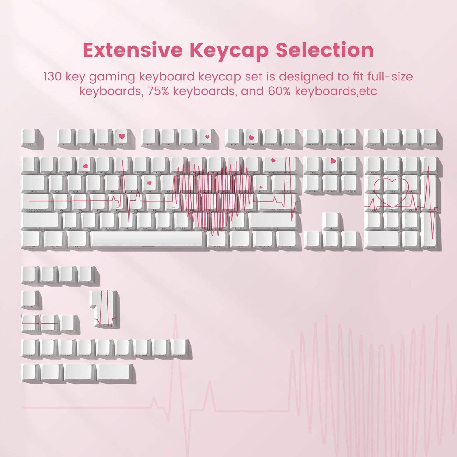 Extensive Keycap Selection

130 key gaming keyboard keycap set is designed to fit full-size keyboards, 75% keyboards, and 60% keyboards, etc.