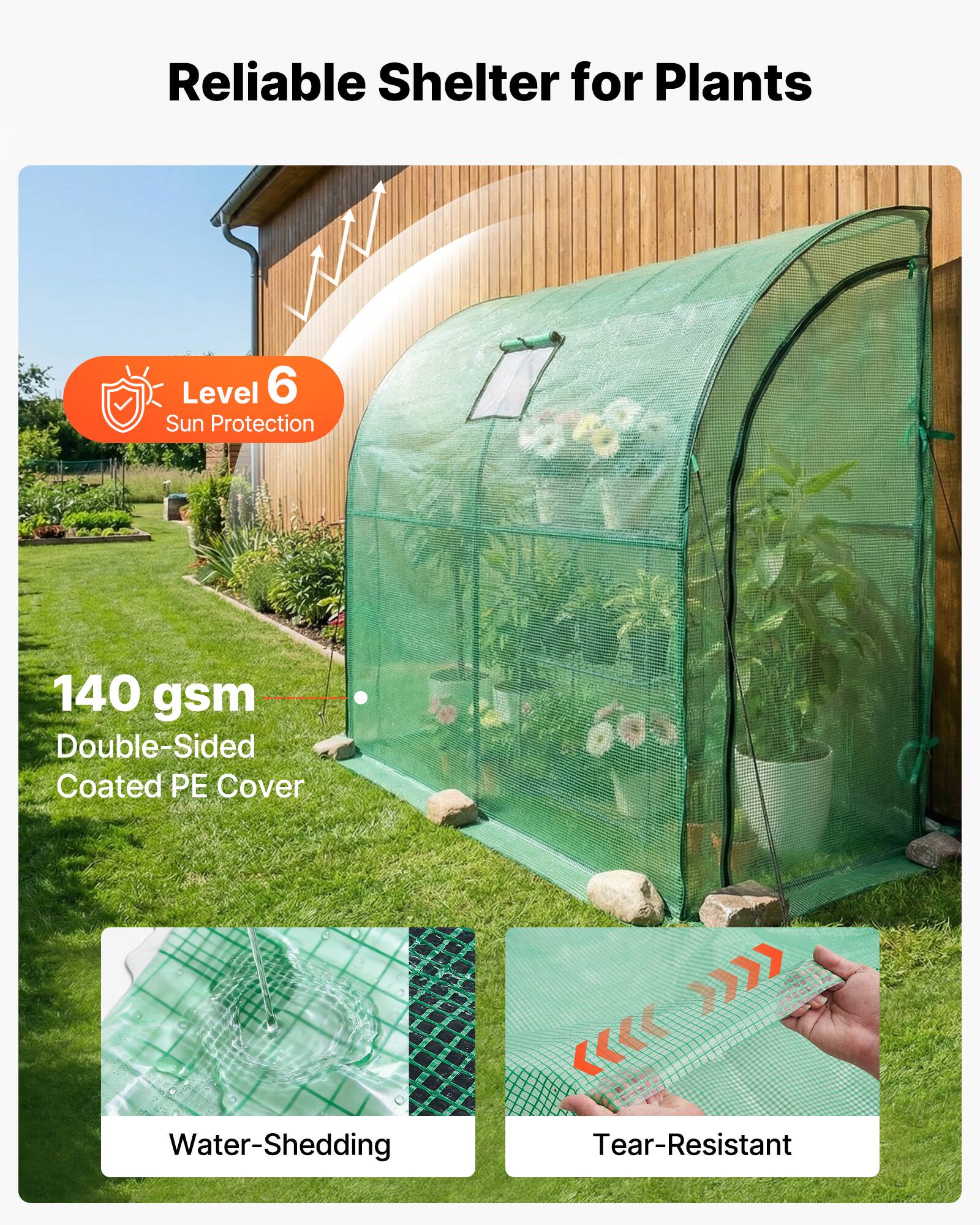 Reliable Shelter for Plants

- Level 6 Sun Protection
- 140 gsm Double-Sided Coated PE Cover
- Water-Shedding
- Tear-Resistant