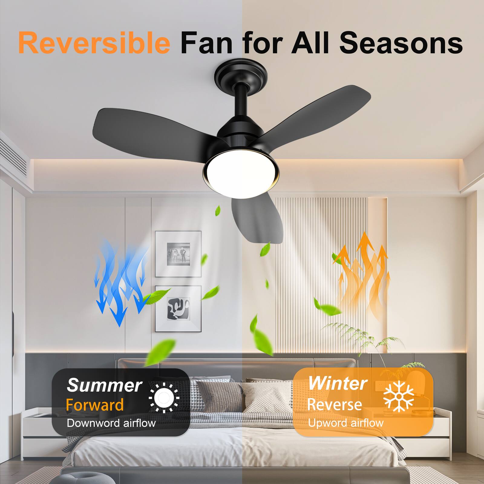 Reversible Fan for All Seasons

Summer Forward
Downward airflow

Winter Reverse
Upward airflow