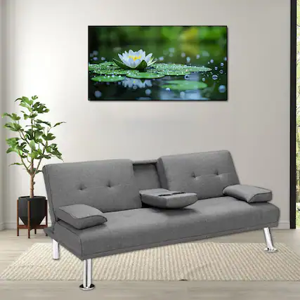 Front. Hivvago - Adjustable Fabric Futon Sofa Bed with Dual Cup Holders and Foldable Design - Light Gray.
