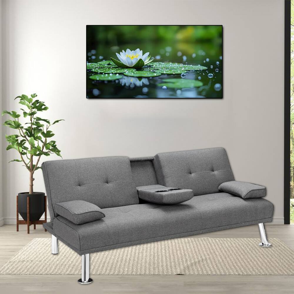 Front. Hivvago - Adjustable Fabric Futon Sofa Bed with Dual Cup Holders and Foldable Design - Light Gray.
