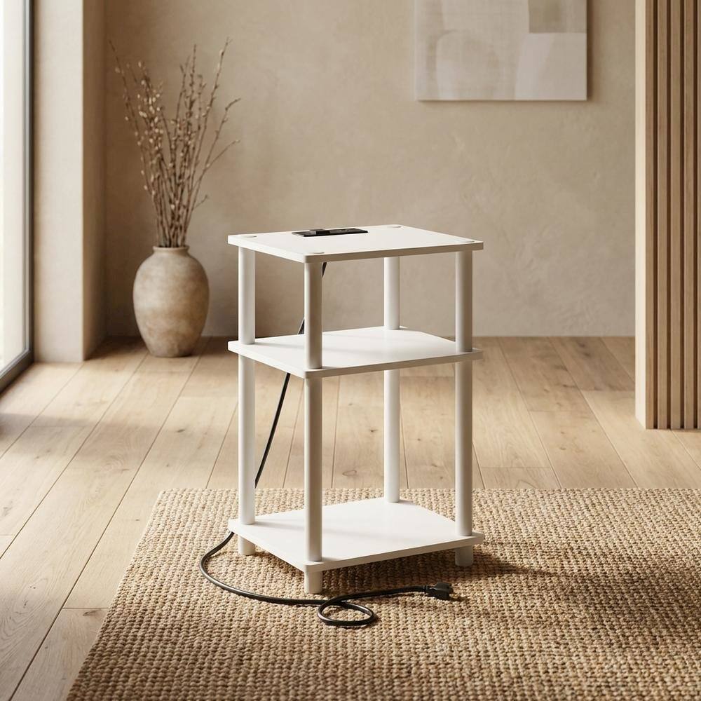 Left. FurniFact - 3-Tier Open Storage End Table with USB and Type-C Charging Ports - White/White.