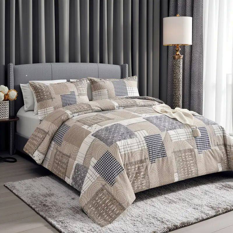 Angle. Shatex - Beige square pattern twin 2 pieces comforter set, simple, sophisticated - beige.