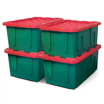 Front. Homz - HOMZ Durable 27 Gallon Heavy Duty Holiday Storage Tote, Green/Red, (4 Pack) - Green Base/Red Lid.