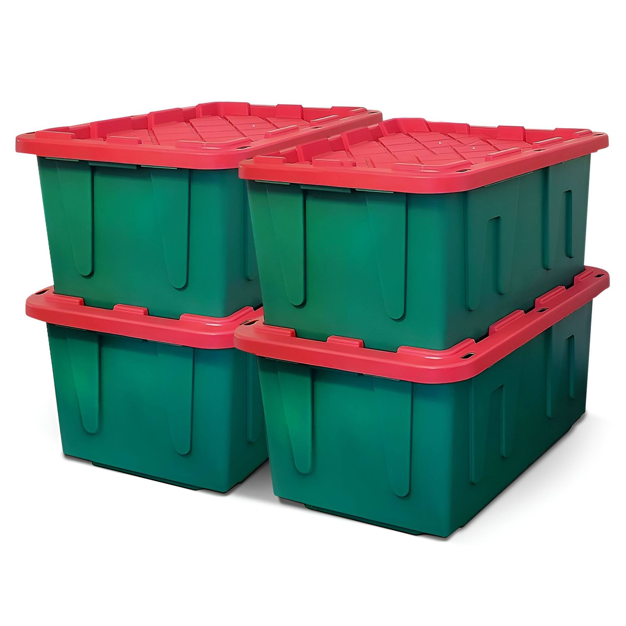 Front. Homz - HOMZ Durable 27 Gallon Heavy Duty Holiday Storage Tote, Green/Red, (4 Pack) - Green Base/Red Lid.