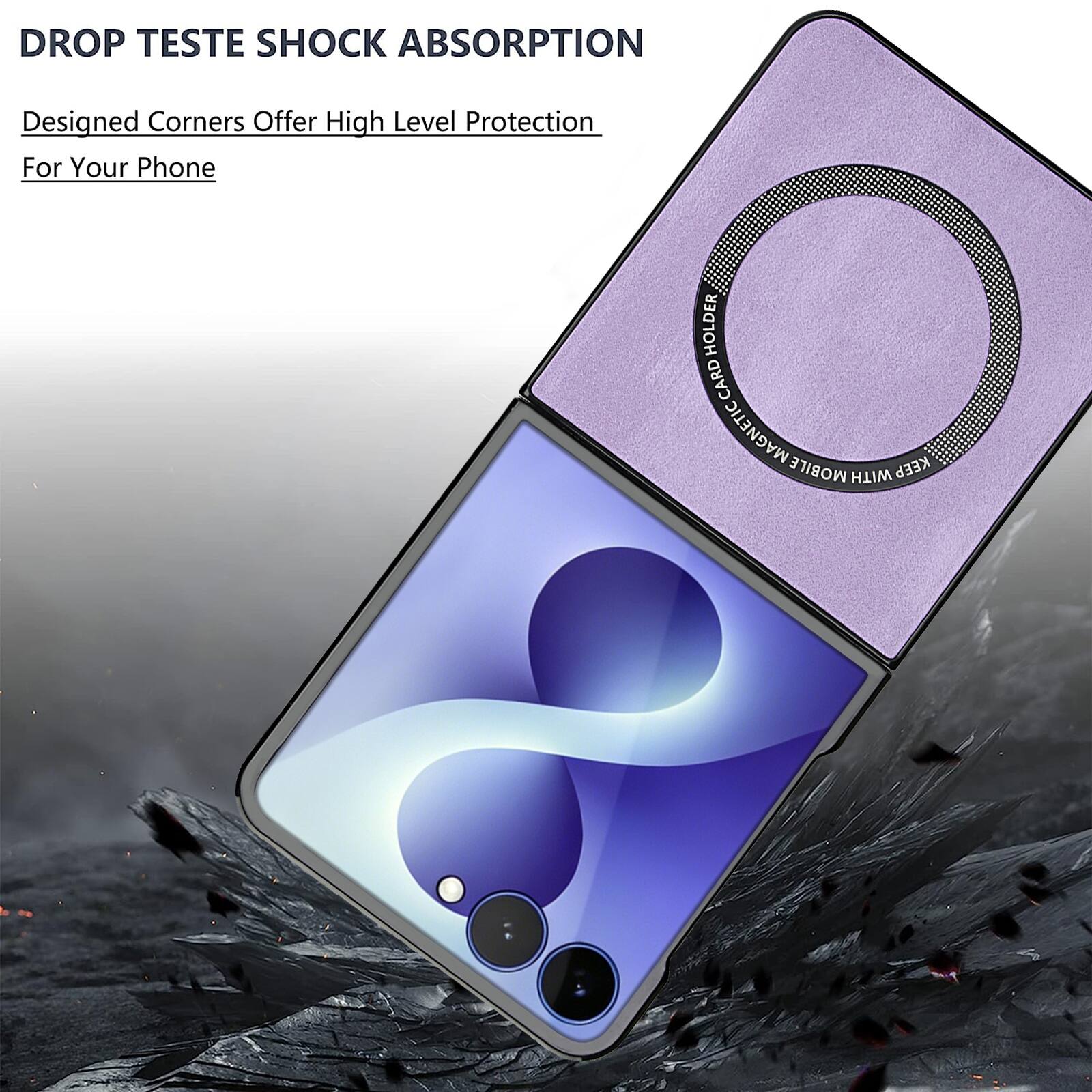 DROP TESTE SHOCK ABSORPTION  
Designed Corners Offer High Level Protection For Your Phone  

HOLDER CARD MAGNETIC  
KEEP MOBILE WITH