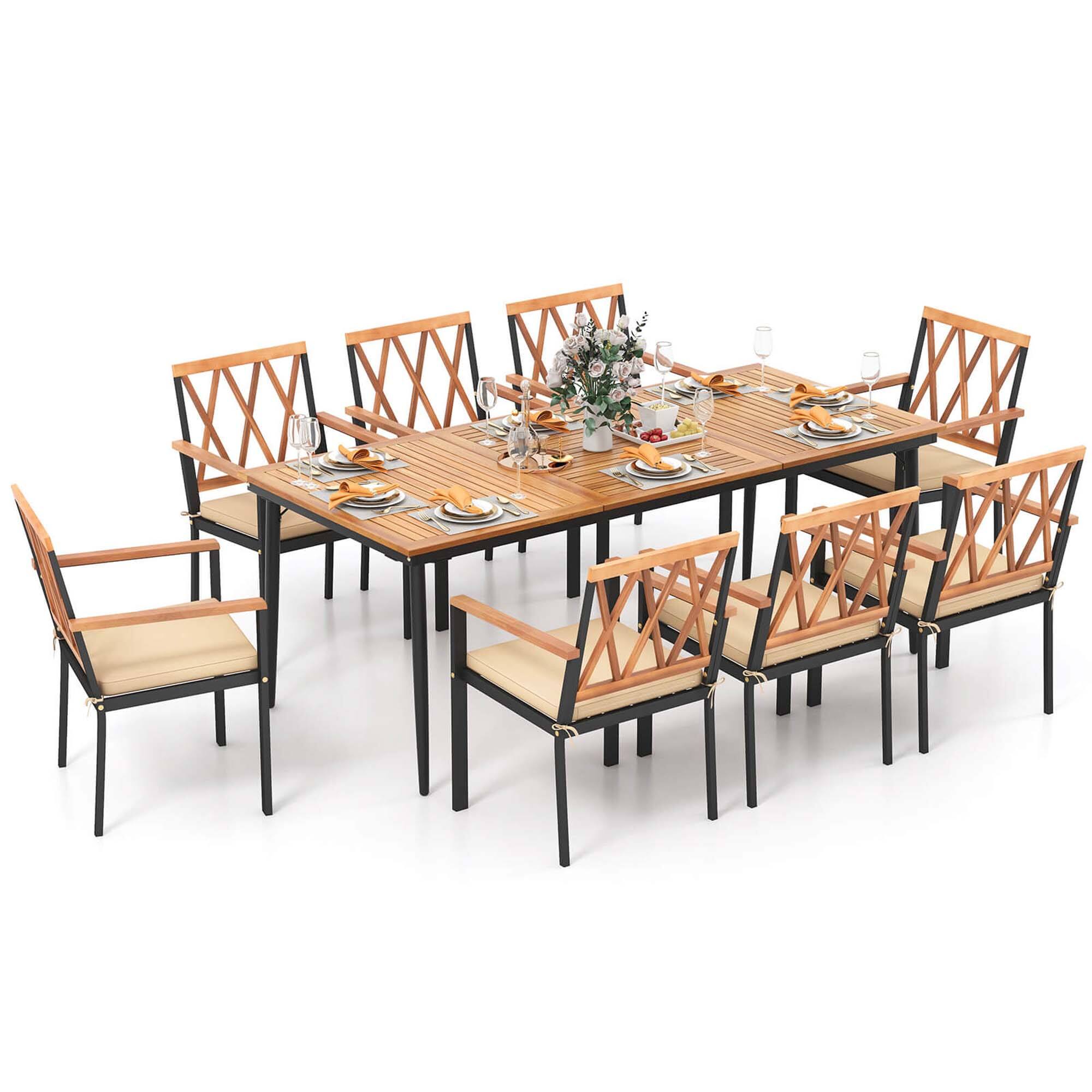 Front. Costway - 9 PCS Patio Dining Set Table with 1.9" Umbrella Hole & 8 Dining Chairs Outdoor - Natural & Black.
