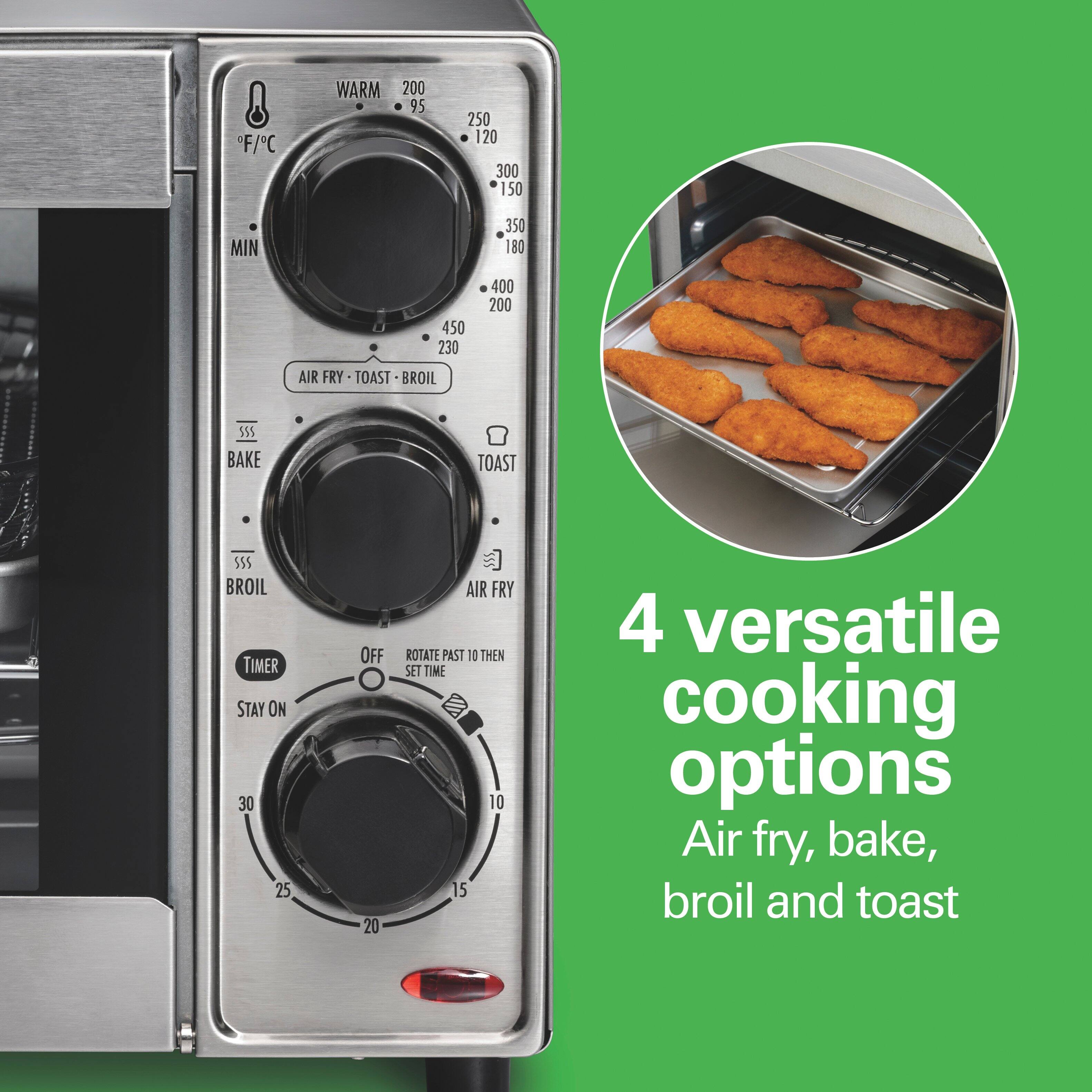 4 versatile cooking options  
Air fry, bake, broil and toast  

F/C WARM 200 95 250 120 300 150 MIN 350 180 450 230 400 200  
AIR FRY - TOAST - BROIL  
BAKE TOAST BROIL  
TIMER STAY ON 30 25 OFF 20  
ROTATE PAST 10 THEN SET TIME 10 15 4