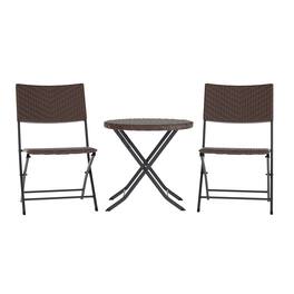 Emma + Oliver - Ciel Three Piece Folding Bistro Set in PE Rattan with Metal Frames for Indoor and Outdoor Use - Brown