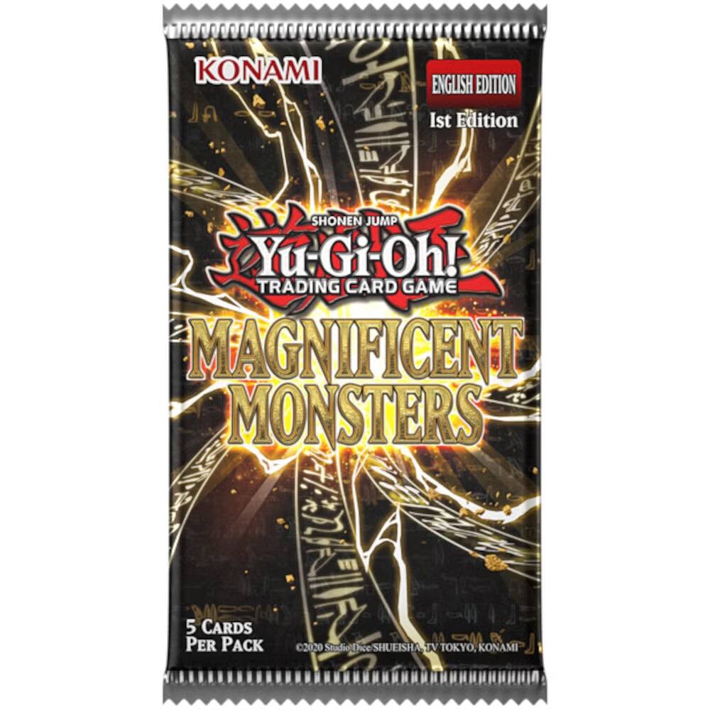 KONAMI  
ENGLISH EDITION  
1st Edition  
SHONEN JUMP Yu-Gi-Oh! TRADING CARD GAME  
MAGNIFICENT MONSTERS  
5 CARDS PER PACK  
©2020 Studio Dice SHUEISHA TV TOKYO, KONAMI