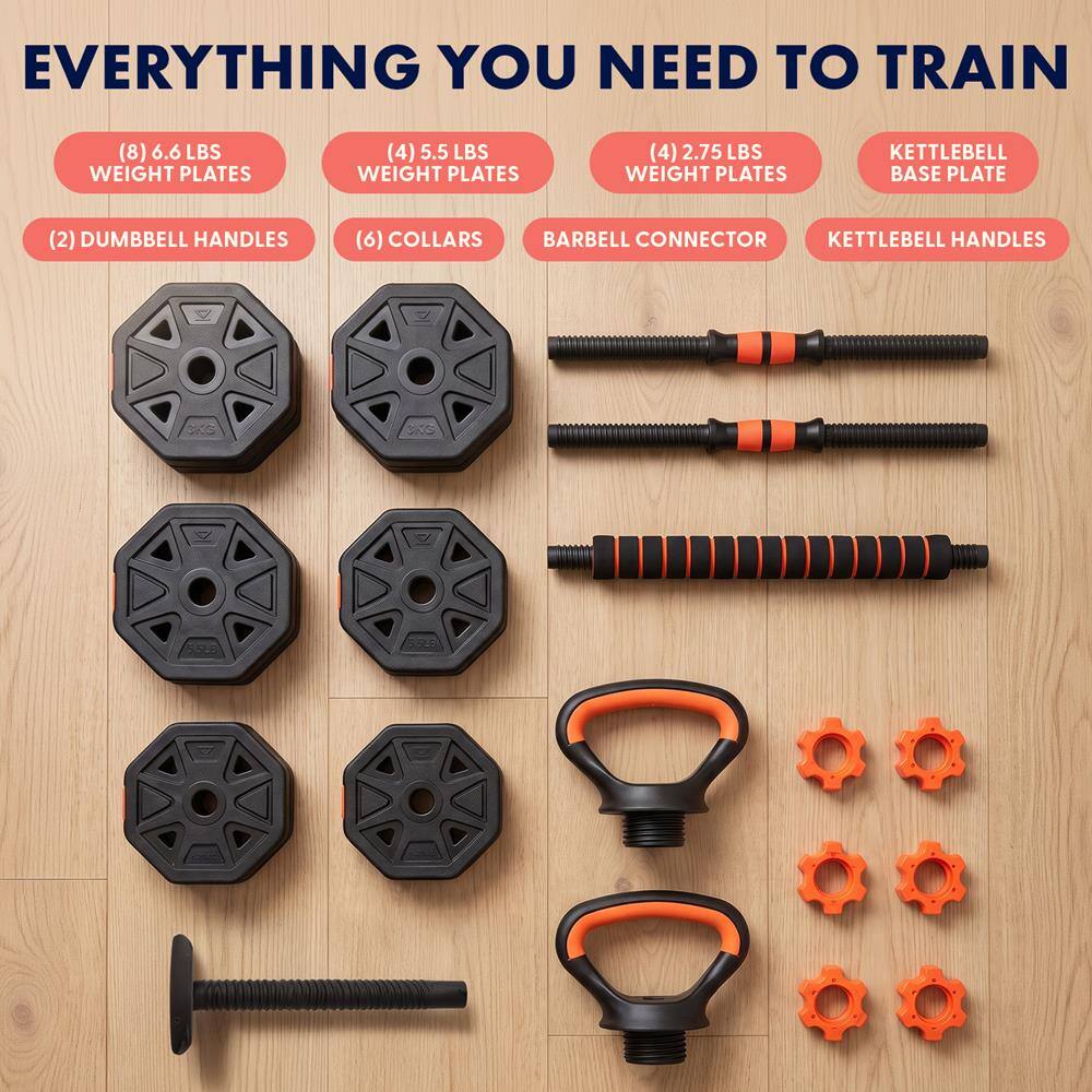 EVERYTHING YOU NEED TO TRAIN

(8) 6.6 LBS WEIGHT PLATES  
(4) 5.5 LBS WEIGHT PLATES  
(4) 2.75 LBS WEIGHT PLATES  
KETTLEBELL BASE PLATE  
(2) DUMBBELL HANDLES  
(6) COLLARS  
BARBELL CONNECTOR  
KETTLEBELL HANDLES  
3KG