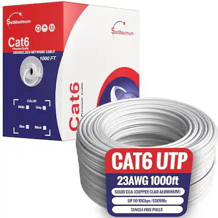 SatMaximum Cat6 Premium Quality UNSHIELDED NETWORK CABLE 1000 FT COLOR White Gray Blue Black Cable Cat6 Premium SatMaximum CAT6 UTP 23AWG 1000ft SOLID CCA (COPPER CLAD ALUMINUM) UP TO 10Gbps/550MHz TANGLE-FREE PULLS
