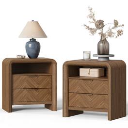 paproos - 24.2" Modern Nightstands Set of 2, Wood Curved Retro Night Stand with 2 Drawers, Open Shelf, Herringbone & Curved Design - Walnut