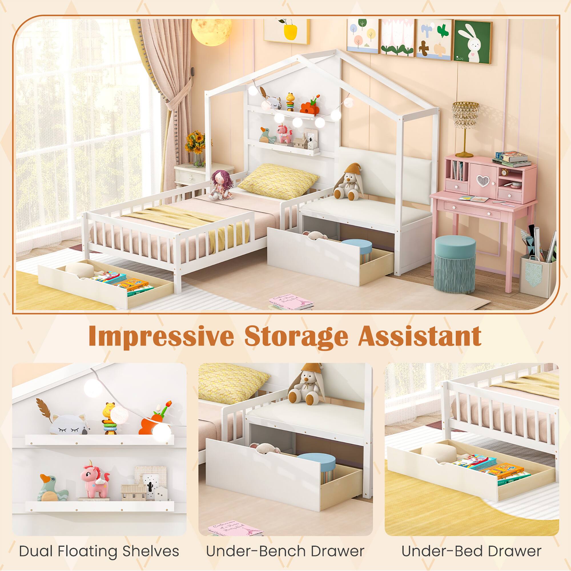 Impressive Storage Assistant

Dual Floating Shelves  
Under-Bench Drawer  
Under-Bed Drawer