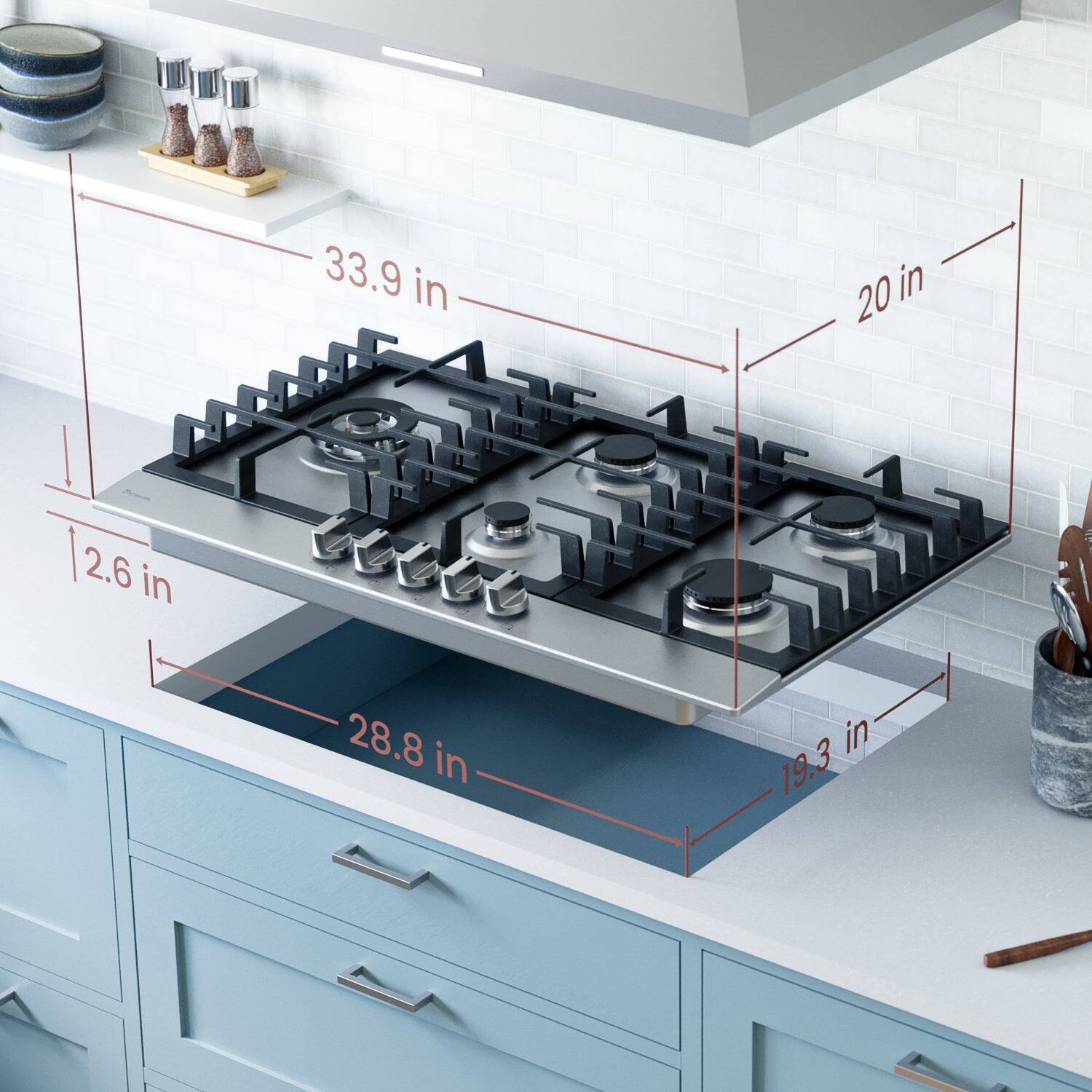 33.9 in, 20 in, 2.6 in, 28.8 in, 19.3 in.