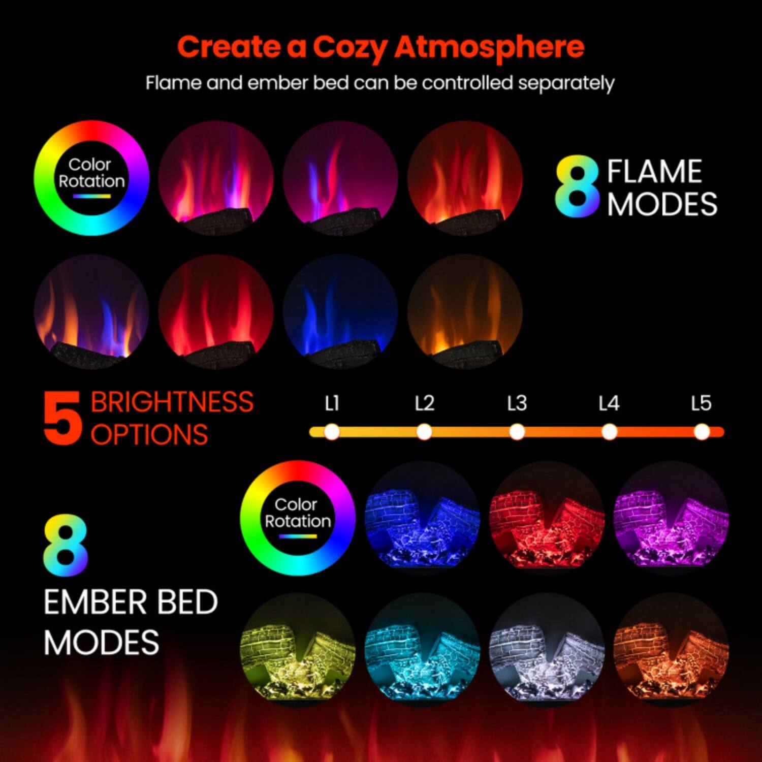 Create a Cozy Atmosphere  
Flame and ember bed can be controlled separately  

Color Rotation  
8 Flame Modes  
5 Brightness Options (L1, L2, L3, L4, L5)  
8 Ember Bed Modes  
Color Rotation