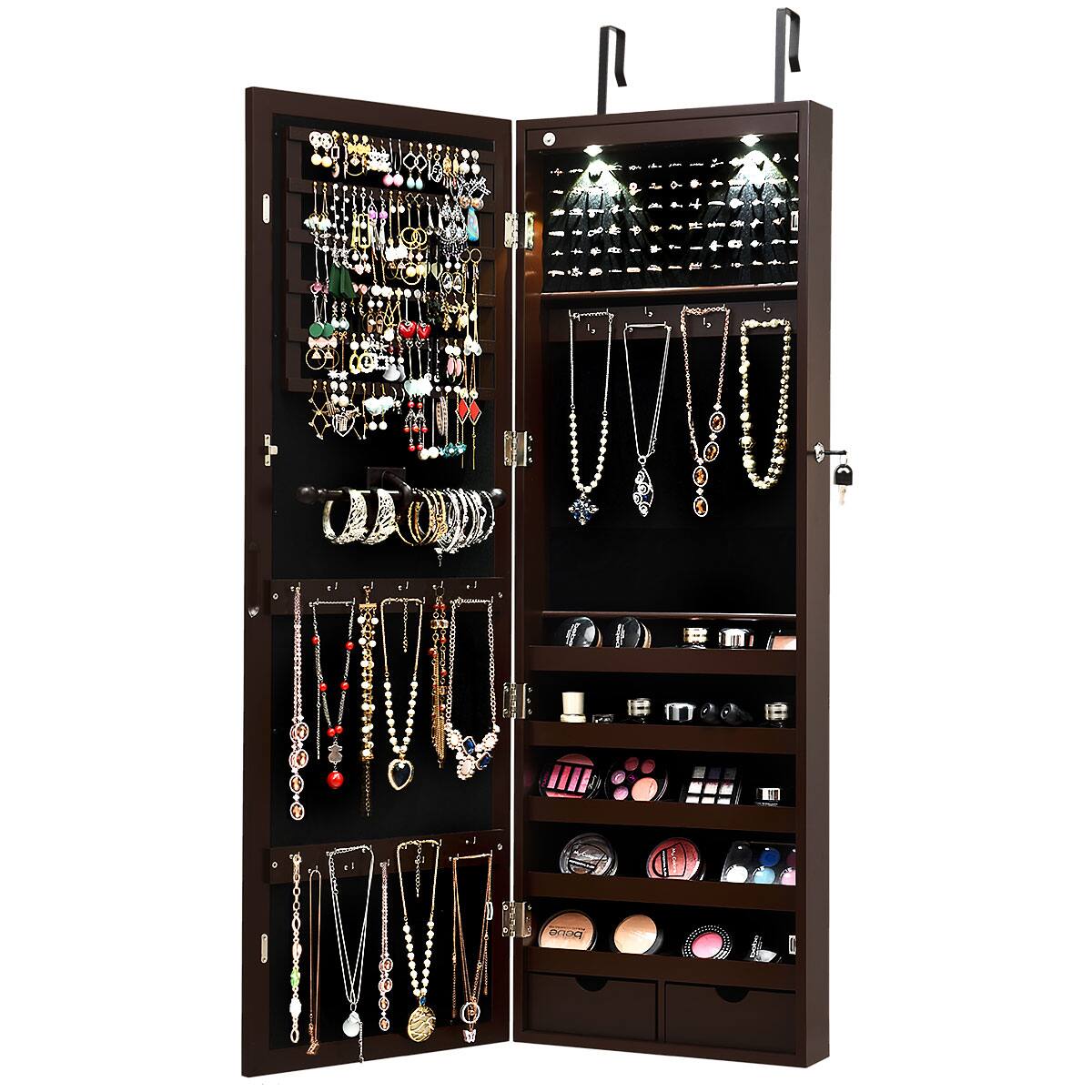 Alt View 19. Costway - Wall Mount Mirrored Jewelry Cabinet Organizer LED Lights - Brown.
