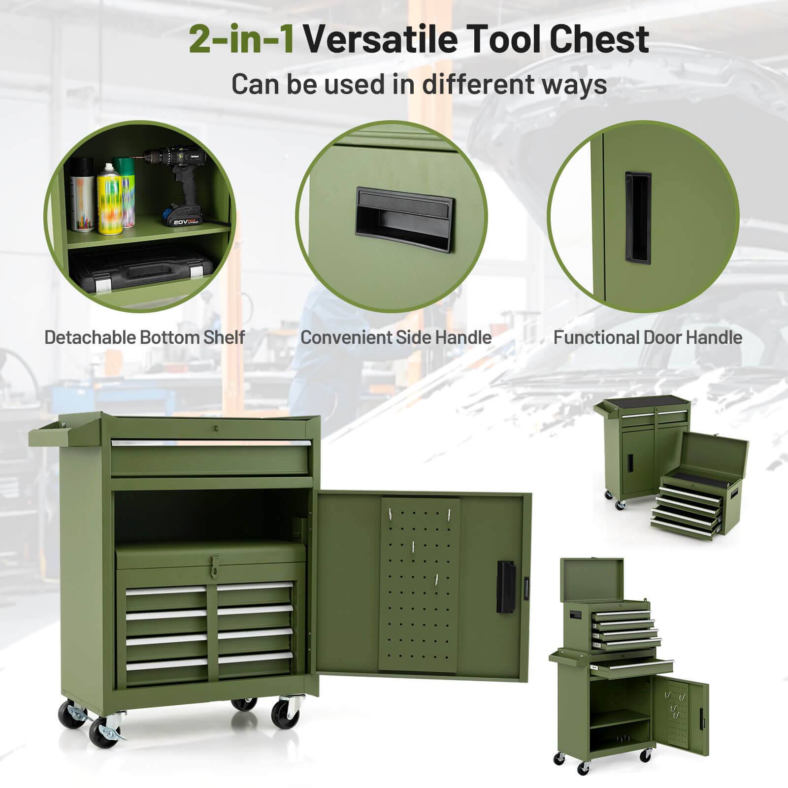 2-in-1 Versatile Tool Chest  
Can be used in different ways  
- Detachable Bottom Shelf  
- Convenient Side Handle  
- Functional Door Handle