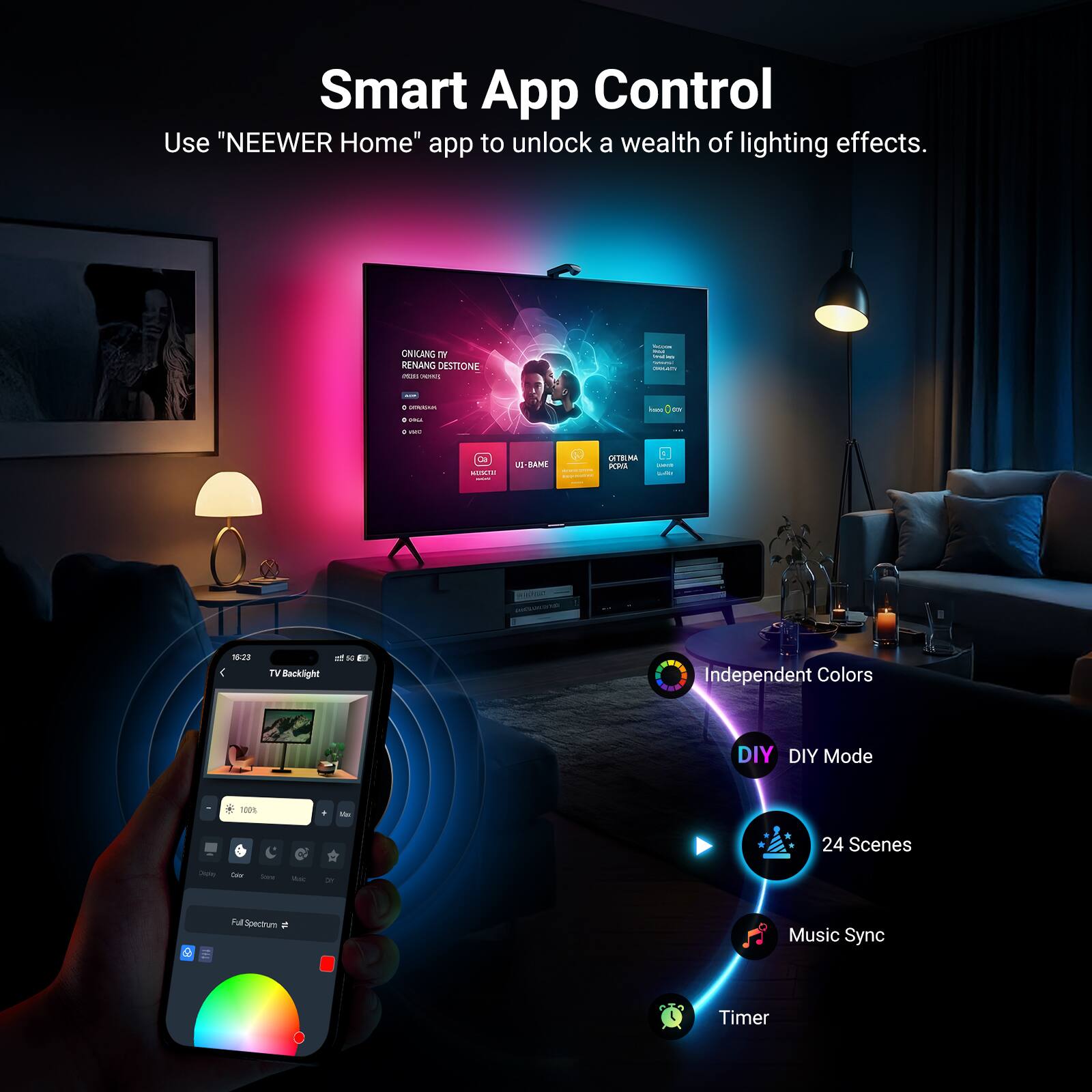 Smart App Control  
Use "NEEWER Home" app to unlock a wealth of lighting effects.  

ONKING P RENANG DESTONE  
- - - - - - - - - - - - - - - - - - - - - - - - - - - - - - - - - - - - - - - - - - - - - - - - - - - - - - - - - - - - - - - - - - - - - - - - - - - - - - - - - - - - - - - - - - - - - - - - - - - - - - - - - - - - - - - - - - - - - - - - - - - - - - - - - - - - - - - - - - - - - - - - - - - - - - - - - - - - - - - - - - - - - - - - - - - - - - - - - - - - - - - - - - - - - - - - - - - - - - - - - - - - - - - - - - - - - - - - - - - - - - - - -