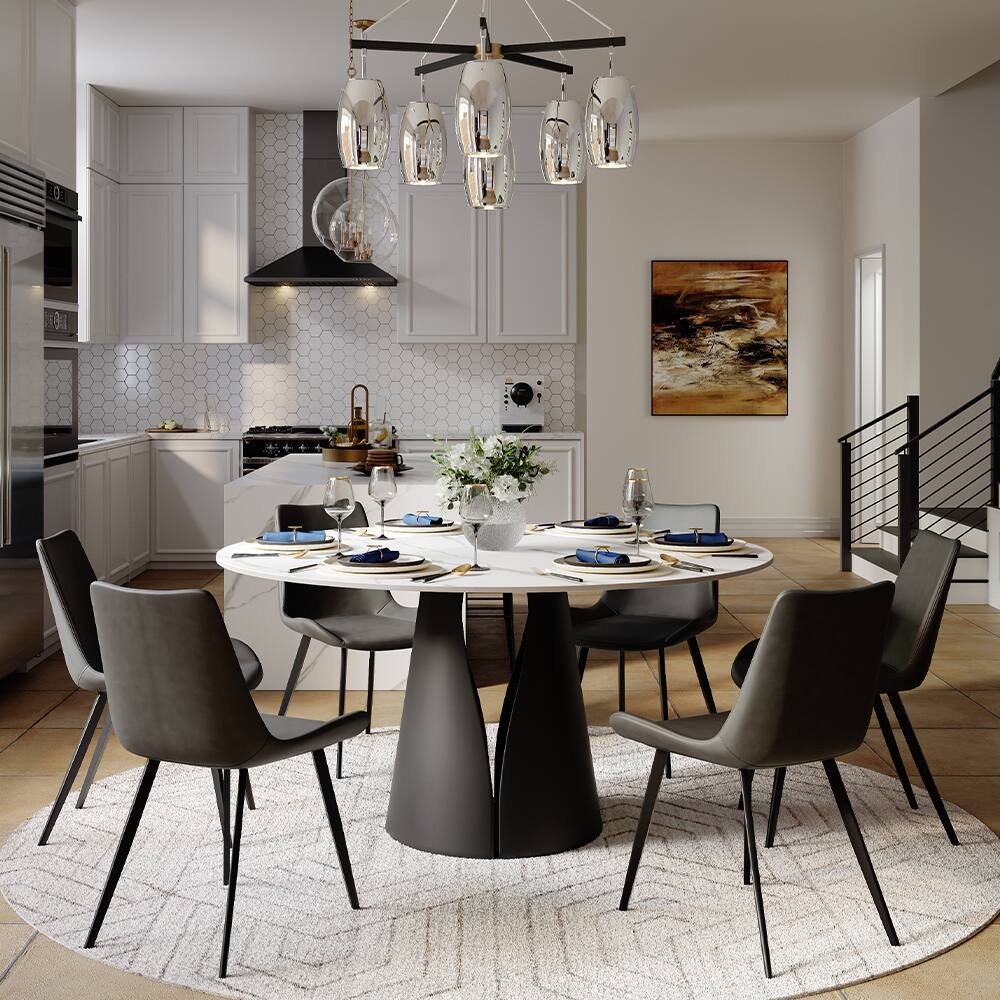 Alt View 6. POVISON - 59" Modern Round White Dining Table for 6, Matte Sintered Stone Tabletop, Solid Black Carbon Steel Base - Matte White Sintered Stone & Black Steel Base.