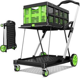 Silvel - Collapsible Shopping Cart, 8-in-1 200LBS Multi Functional Utility Cart with 1 Storage Crate, Adjustable Handle - Green
