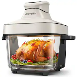 AIRMSEN - Portable Glass Air Fryer, 400°F Max, 6.4QT Non-Toxic Glassware, 4 Preset Modes, Dishwasher-Safe - White