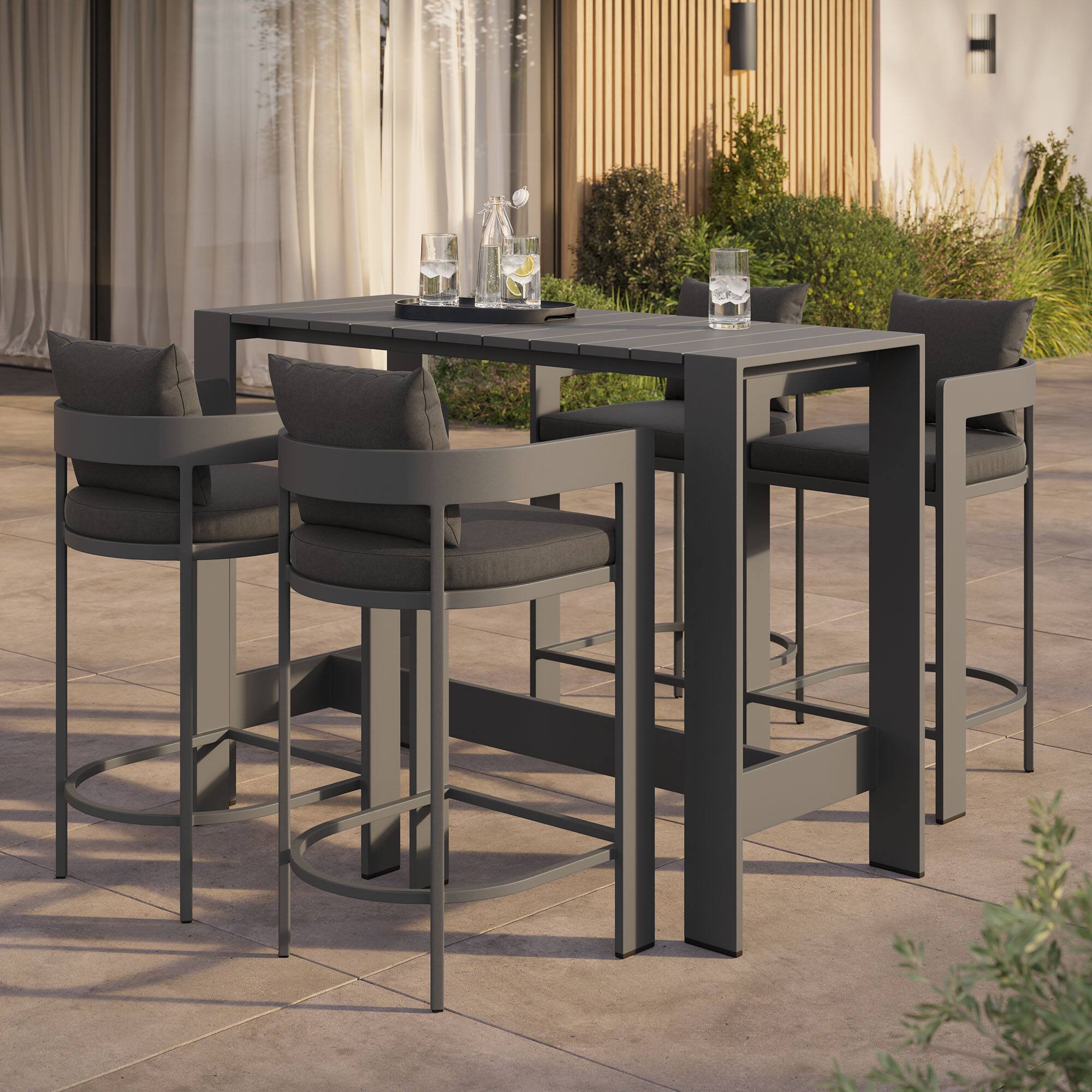 Alt View 2. Modway - Tahoe 5-Piece Outdoor Patio Bar Set - Aluminum Frame, Slatted Tabletop, Cushioned Bar Chairs - Charcoal.