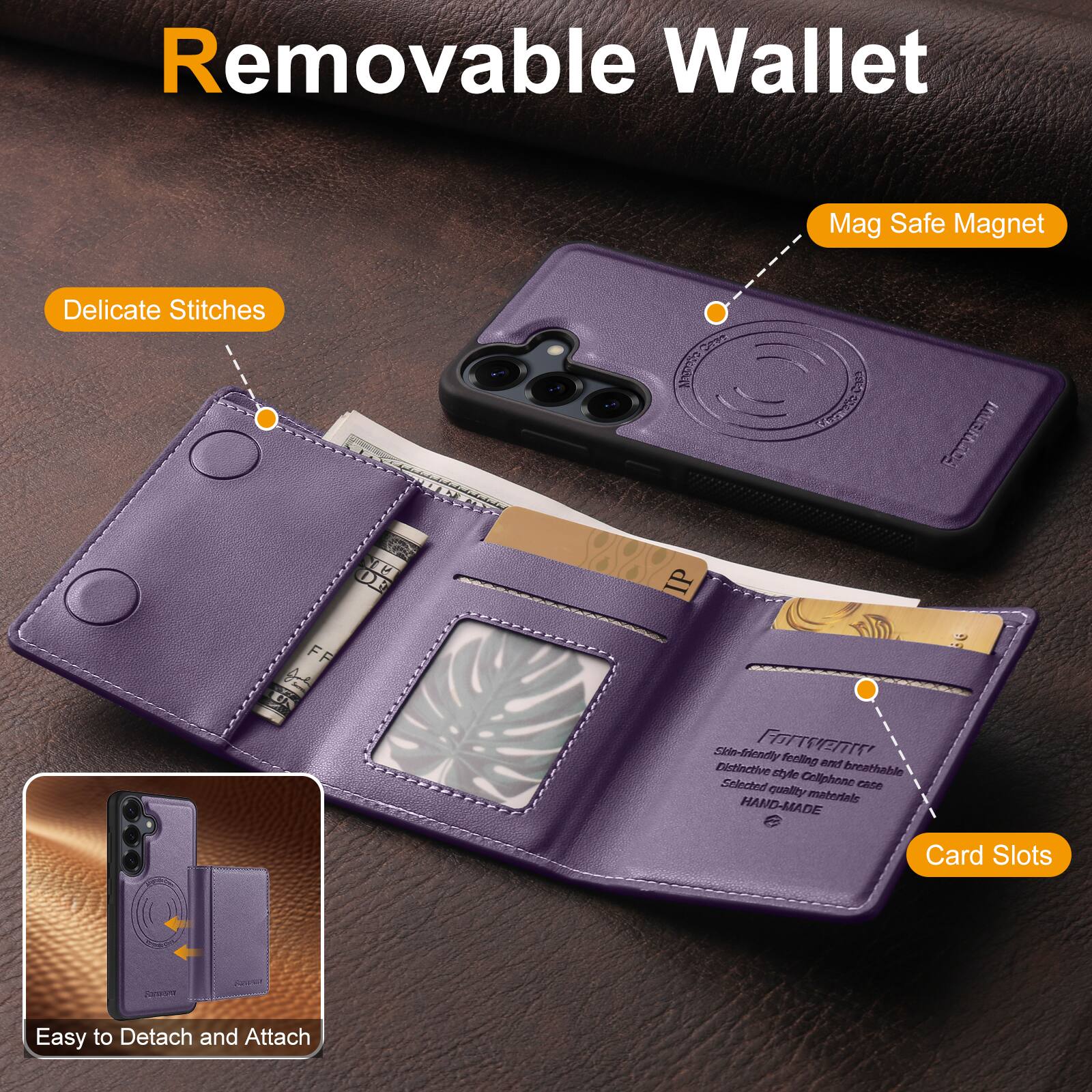 Removable Wallet

- Delicate Stitches
- Mag Safe Magnet
- Card Slots
- Easy to Detach and Attach

Skin-friendly, breathable, distinctive style, selected quality materials, hand-made.