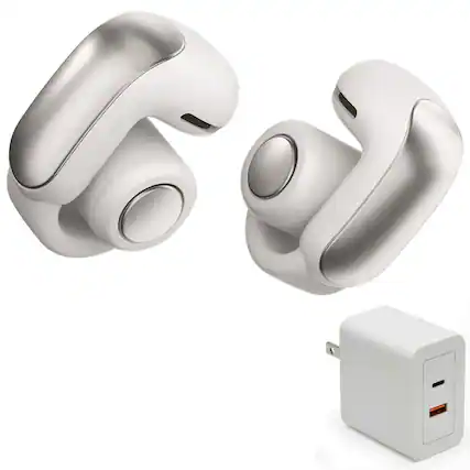 Front. Bose - Bose Ultra Open Earbuds Bundle with Fast Charger -Water Resistant, Up to 48 Hrs of Playtime, (White Smoke) - White Smoke.