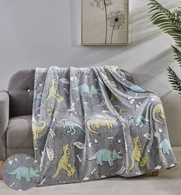 Noble House - Glow In The Dark Super Fun & Cozy Microplush Throw Blanket Makes A Great Gift 50" x 60" - Grey Dino