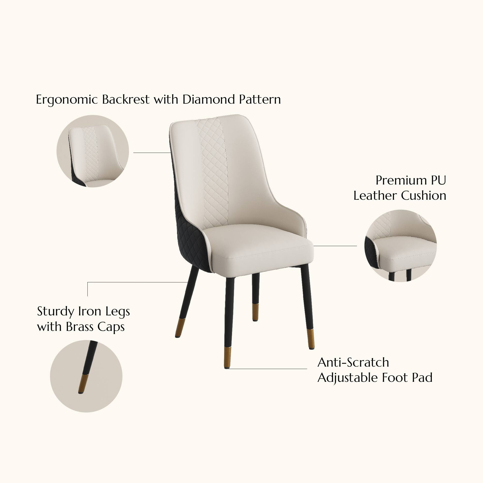 Ergonomic Backrest with Diamond Pattern  
Premium PU Leather Cushion  
Sturdy Iron Legs with Brass Caps  
Anti-Scratch Adjustable Foot Pad