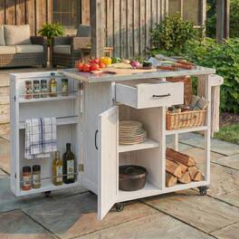 Anysun - Fir Wood Outdoor Kitchen Island Cart with Stainless Top - Lockable, Ample Storage, Towel & Spice Racks for Patio.