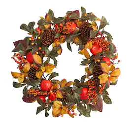 BreeBe - 26” Persimmon and Pinecones Artificial Fall Wreath - Multi