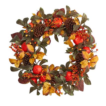 Front. BreeBe - 26” Persimmon and Pinecones Artificial Fall Wreath - Multi.
