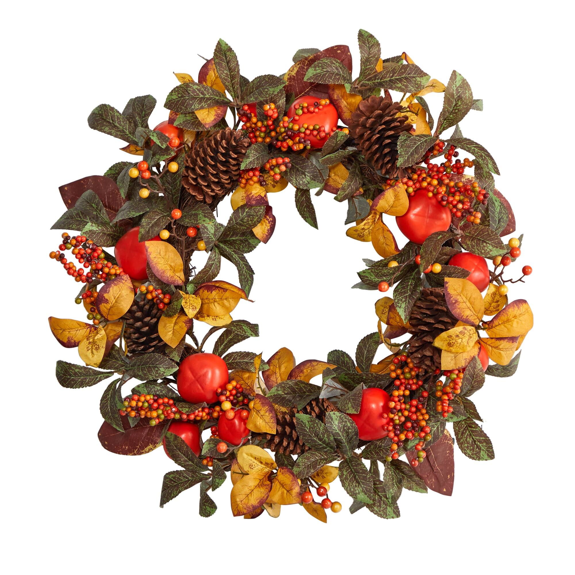 Front. BreeBe - 26” Persimmon and Pinecones Artificial Fall Wreath - Multi.