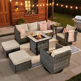 Ovios - 7 PCS Outdoor Patio Furniture 3 Seat Sofa with Swivel Chairs & 30" Fire Pit Table - Beige