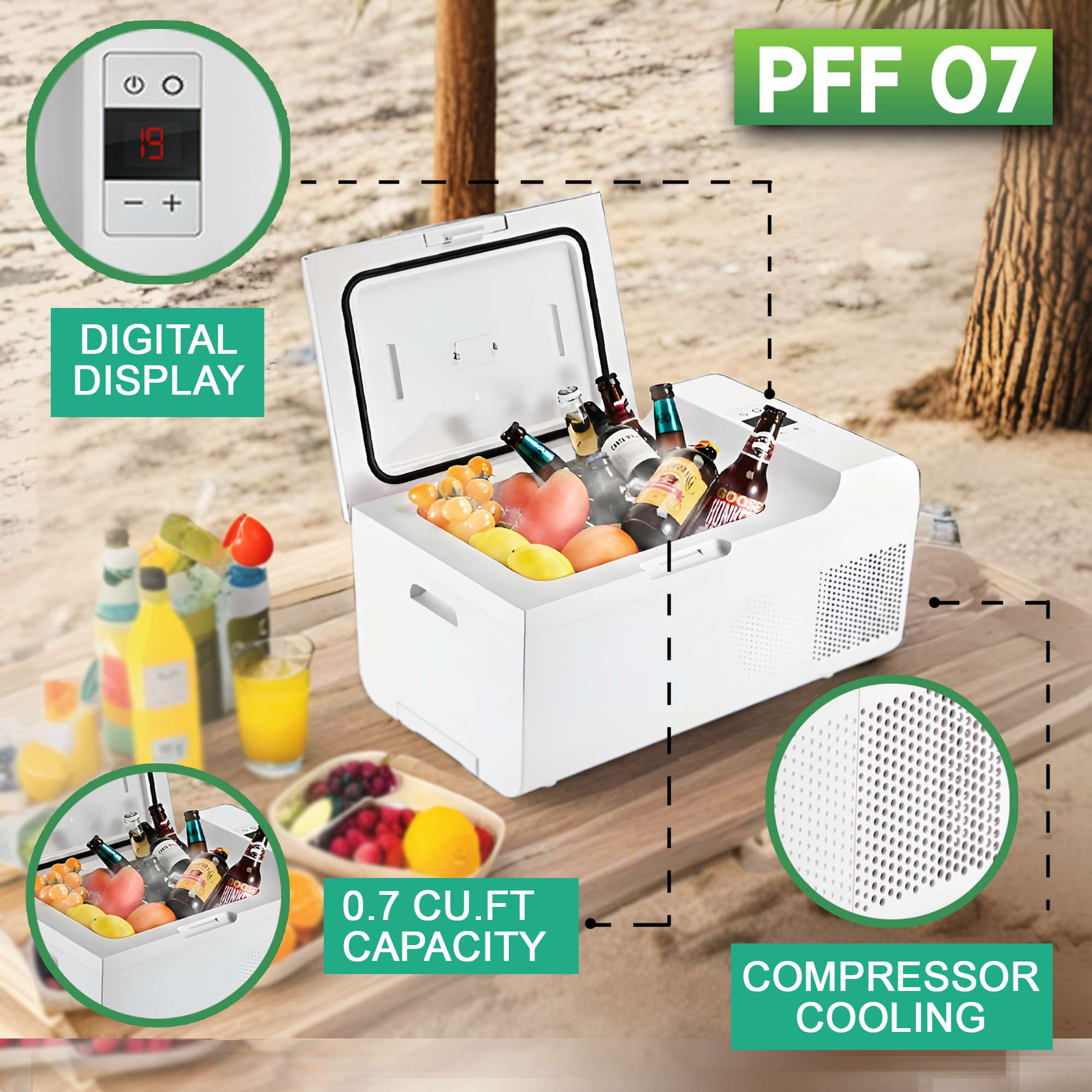 PFF 07

- DIGITAL DISPLAY
- 0.7 CU.FT CAPACITY
- COMPRESSOR COOLING