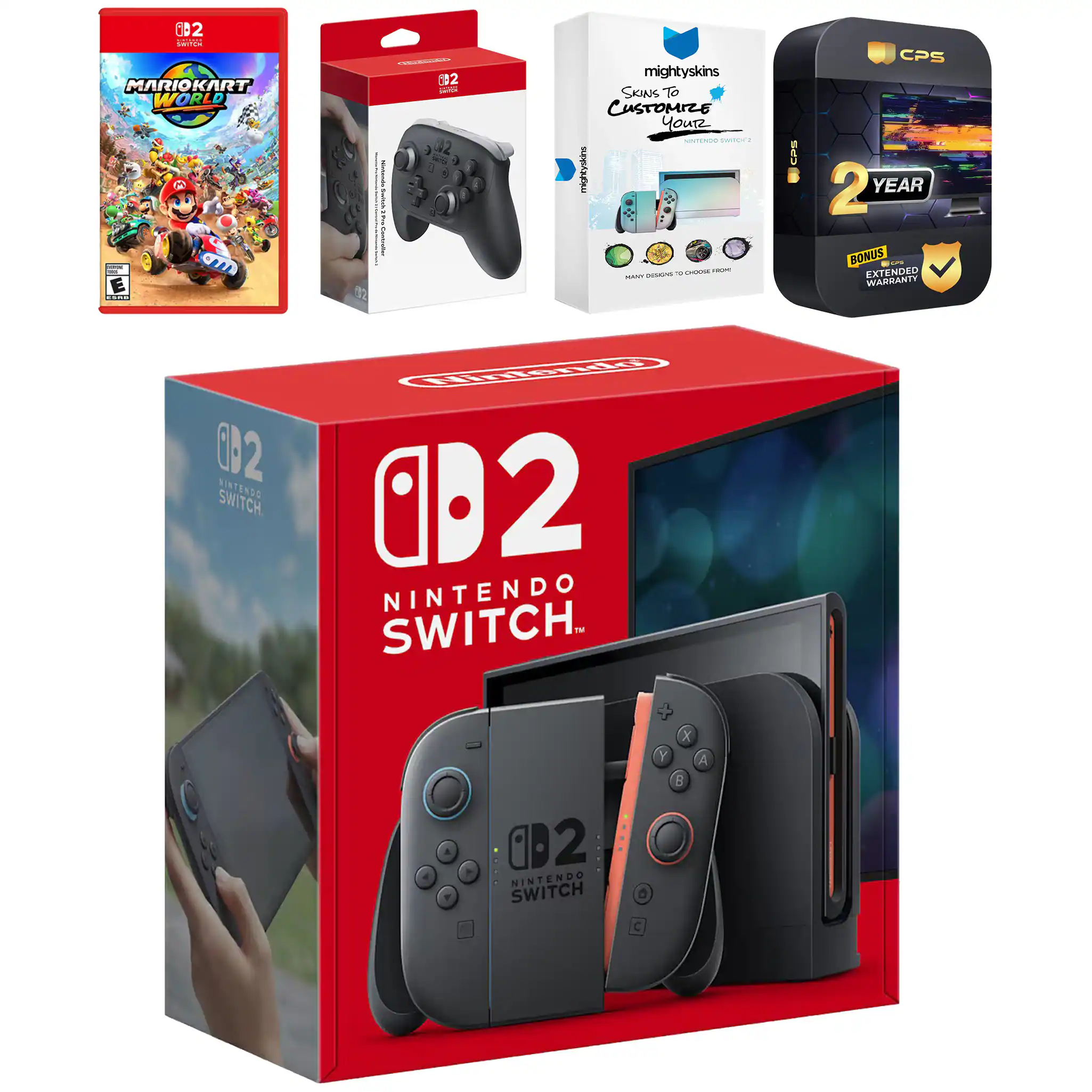 Switch 2 Console with Mario Kart World, Pro Controller, MightySkins Code and 2 CPS Year Extended Warranty - Nintendo Switch 2